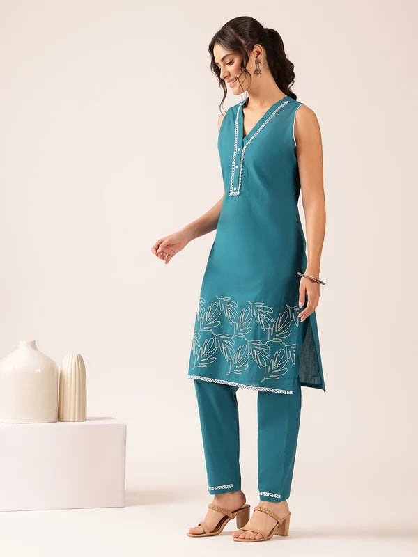 Teal Green Thread Work Straight Cotton Stitched Kurta With Pant