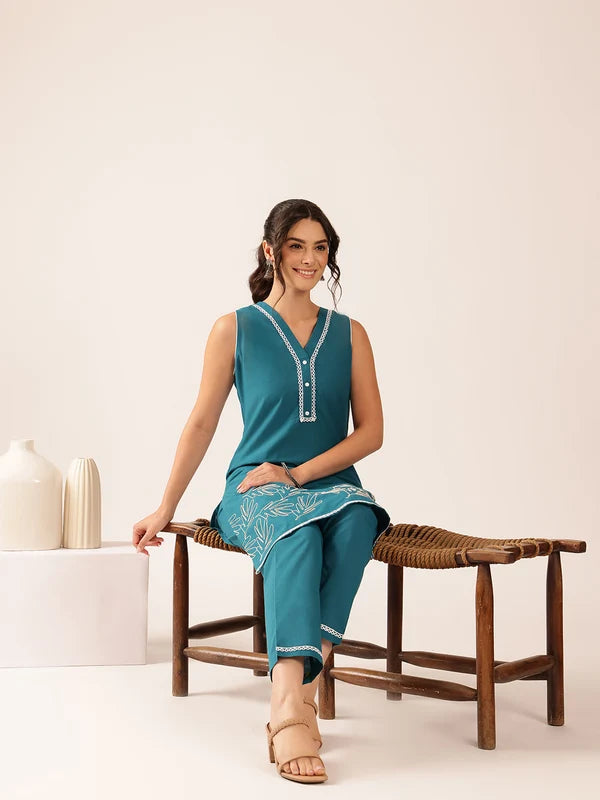 Teal Green Thread Work Straight Cotton Stitched Kurta With Pant