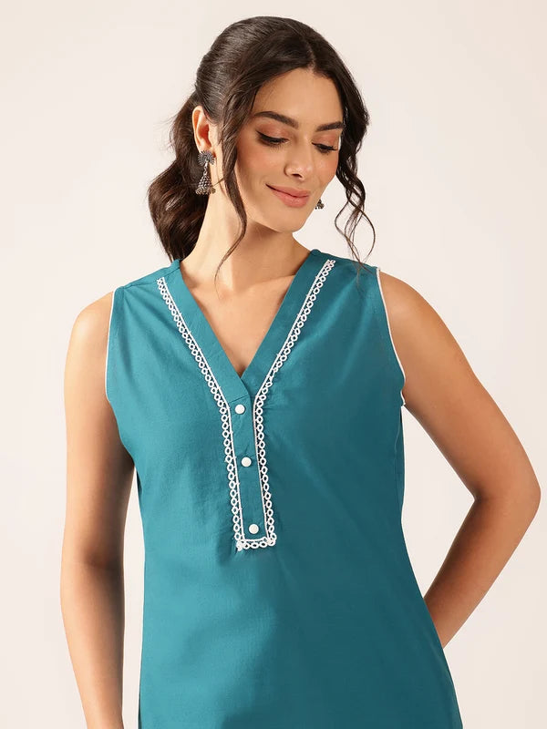 Teal Green Thread Work Straight Cotton Stitched Kurta With Pant