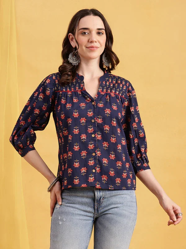Women’s black floral printed cotton straight top with button front and 3/4 sleeves