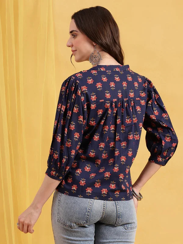 Black Floral Straight Cotton Stitched Top