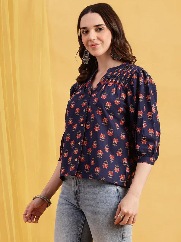 Black Floral Straight Cotton Stitched Top