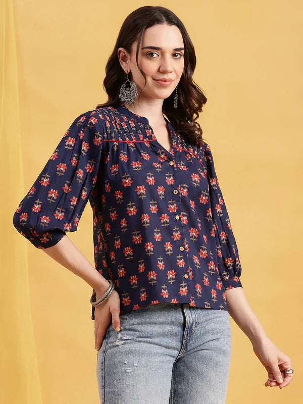 Black Floral Straight Cotton Stitched Top