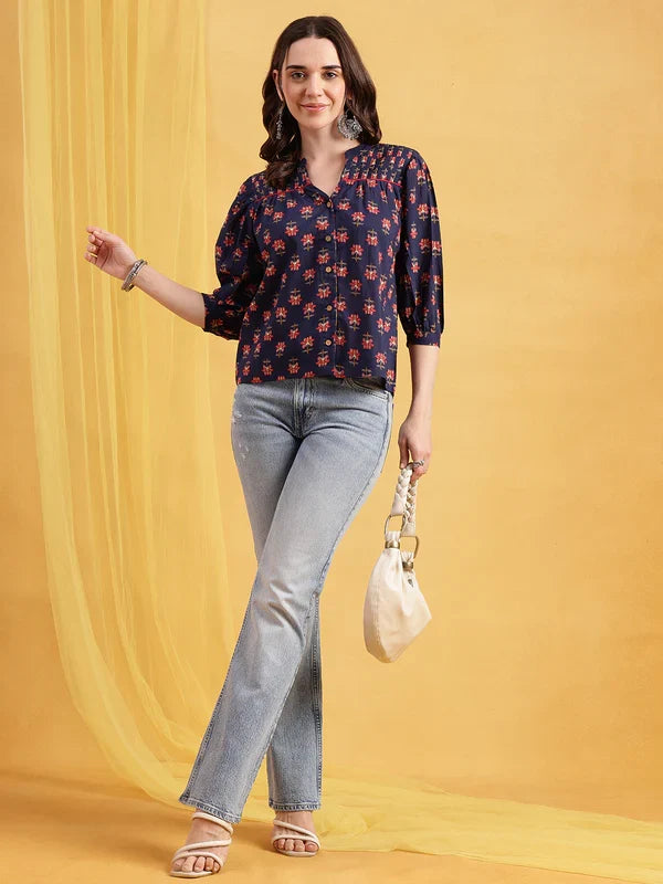 Black Floral Straight Cotton Stitched Top