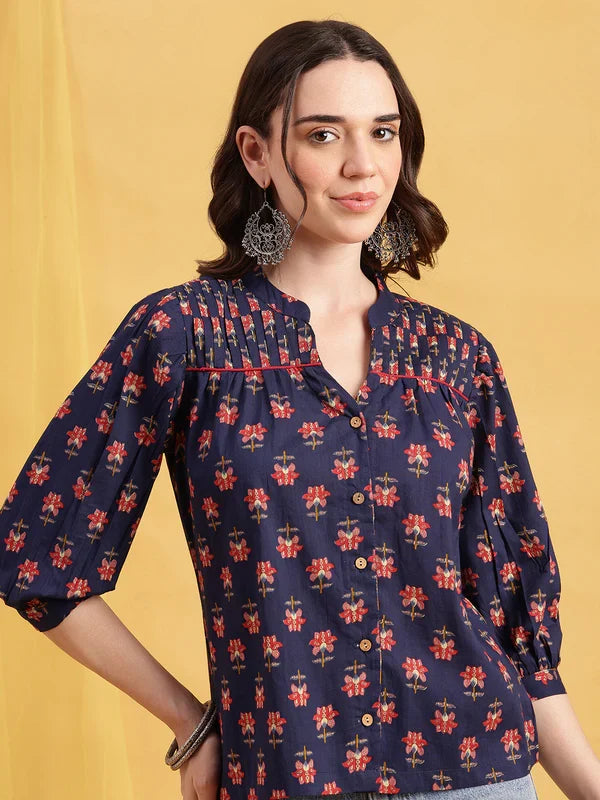 Black Floral Straight Cotton Stitched Top