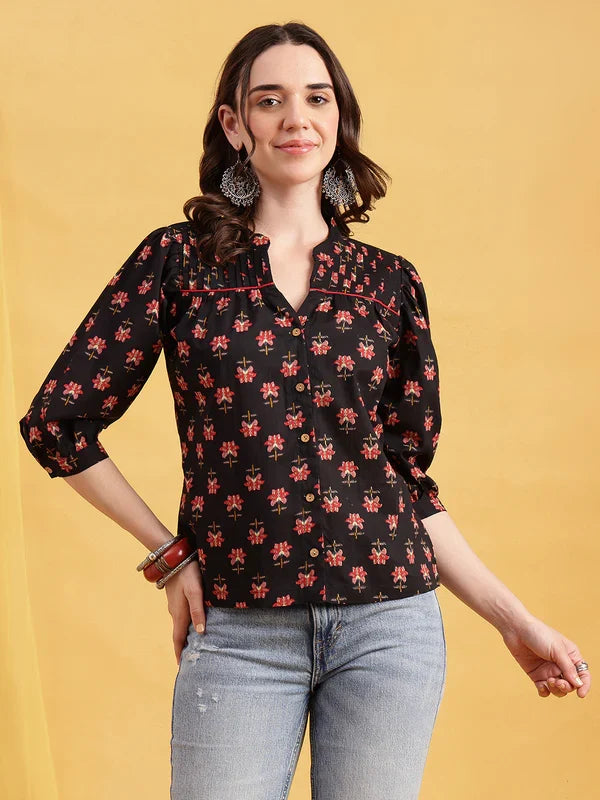 Black Floral Straight Cotton Stitched Top