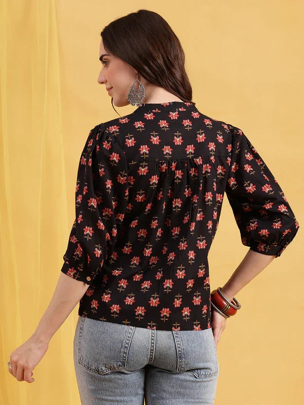 Black Floral Straight Cotton Stitched Top