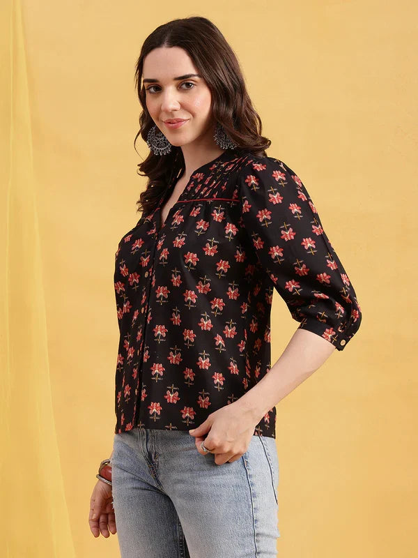 Black Floral Straight Cotton Stitched Top