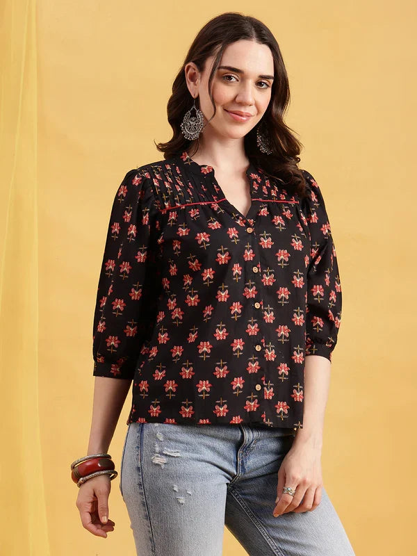 Women’s black floral printed cotton straight top with button front and 3/4 sleeves