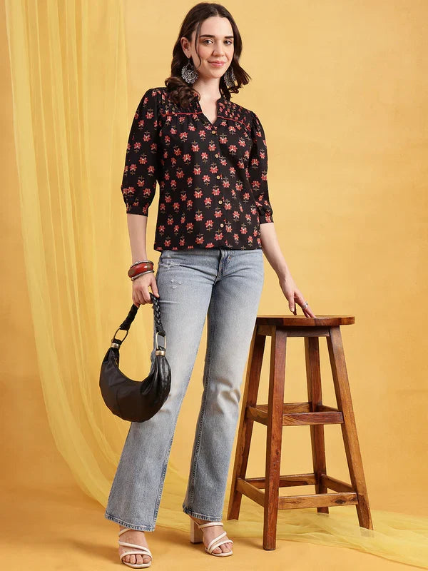 Black Floral Straight Cotton Stitched Top