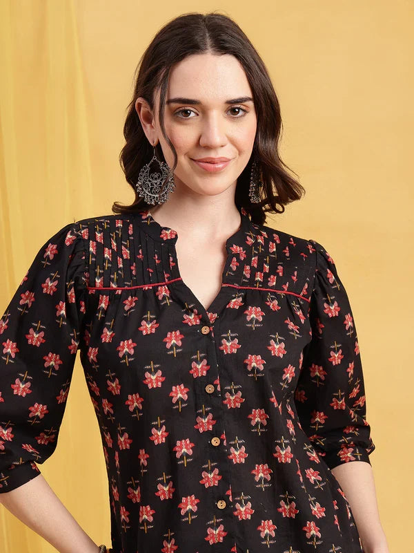 Black Floral Straight Cotton Stitched Top