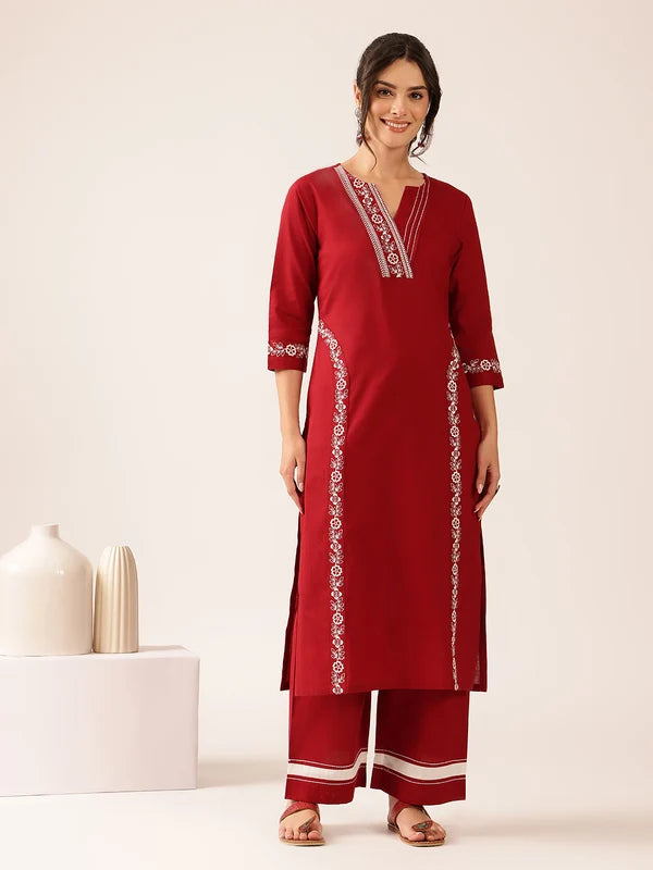 Off White Yoke Design Straight Cotton Stitched Kurta With Palazzo
