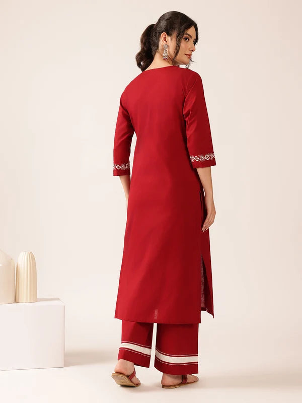 Off White Yoke Design Straight Cotton Stitched Kurta With Palazzo