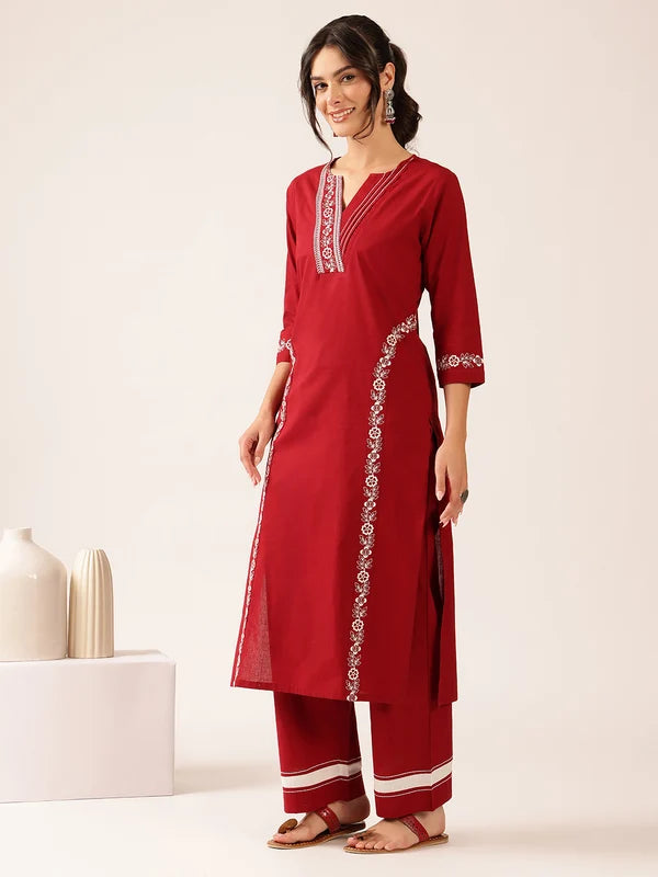 Off White Yoke Design Straight Cotton Stitched Kurta With Palazzo