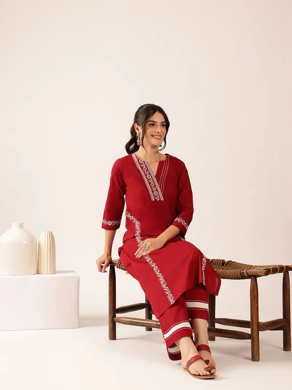 Off White Yoke Design Straight Cotton Stitched Kurta With Palazzo