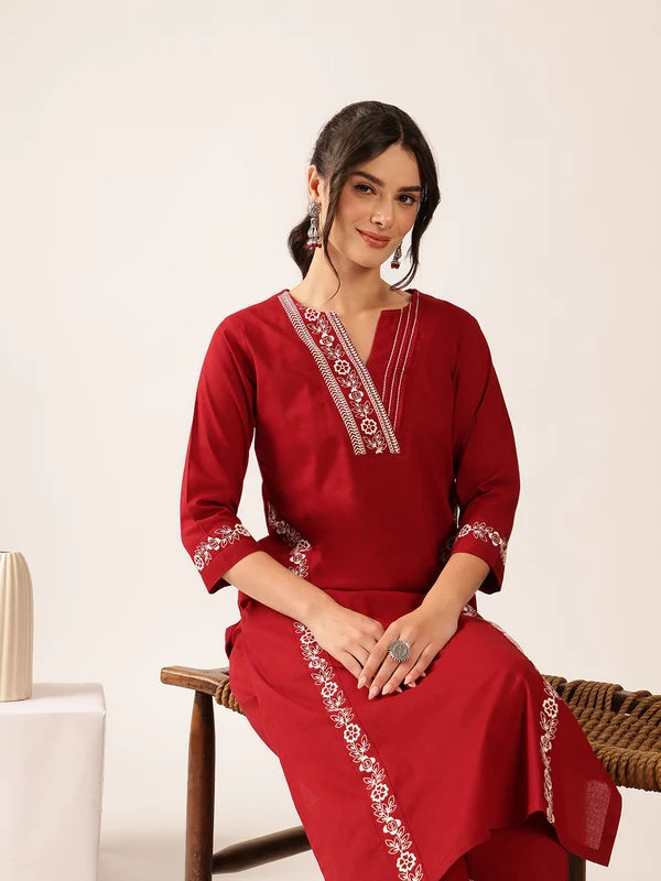 Off White Yoke Design Straight Cotton Stitched Kurta With Palazzo