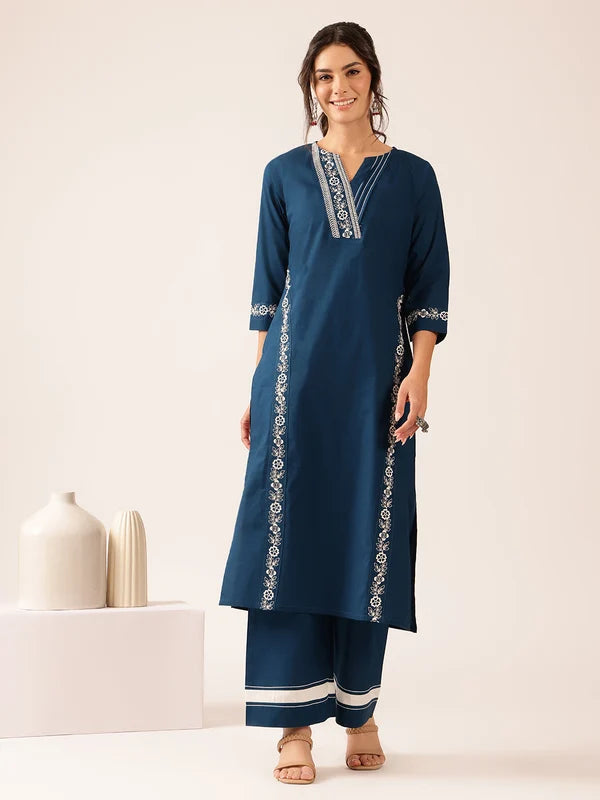 Off White Yoke Design Straight Cotton Stitched Kurta With Palazzo
