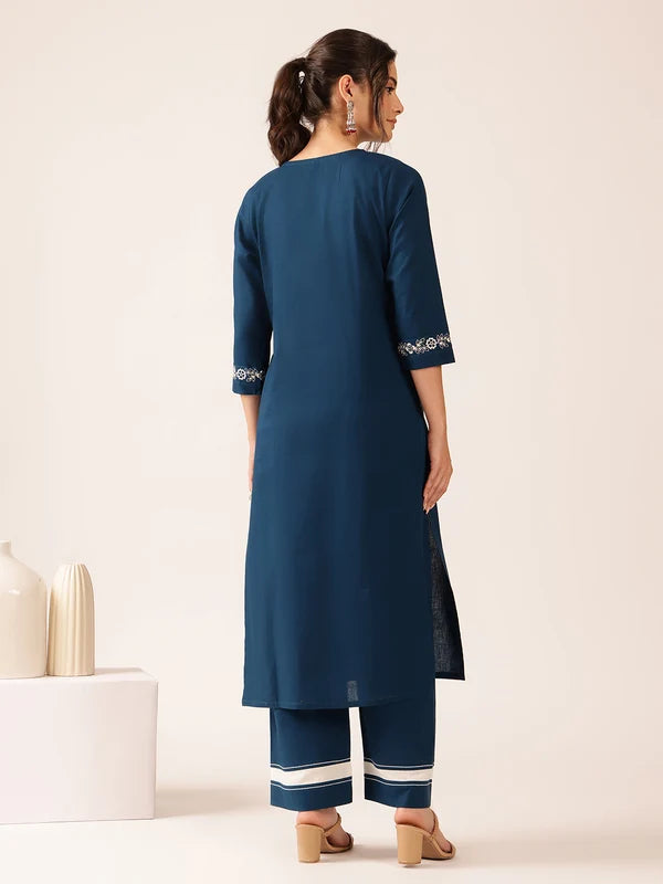 Off White Yoke Design Straight Cotton Stitched Kurta With Palazzo