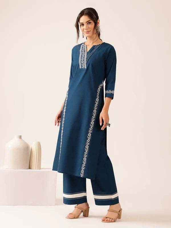 Off White Yoke Design Straight Cotton Stitched Kurta With Palazzo