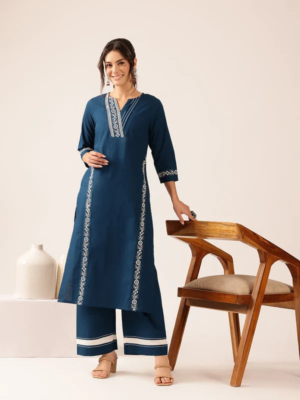 Off White Yoke Design Straight Cotton Stitched Kurta With Palazzo