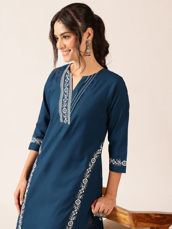Off White Yoke Design Straight Cotton Stitched Kurta With Palazzo