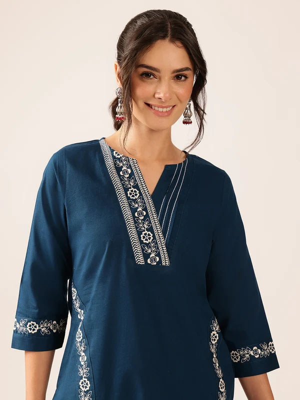 Off White Yoke Design Straight Cotton Stitched Kurta With Palazzo