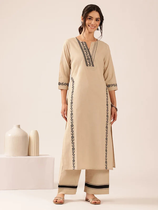 Off-white cotton straight kurta set for women with yoke design and palazzo pants