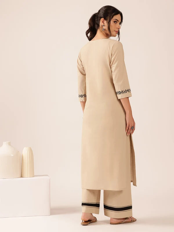 Off White Yoke Design Straight Cotton Stitched Kurta With Palazzo