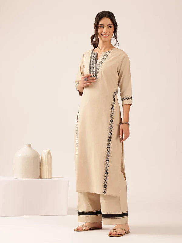 Off White Yoke Design Straight Cotton Stitched Kurta With Palazzo