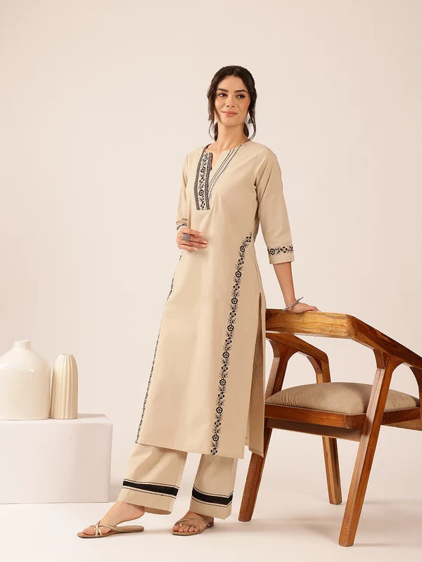 Off White Yoke Design Straight Cotton Stitched Kurta With Palazzo