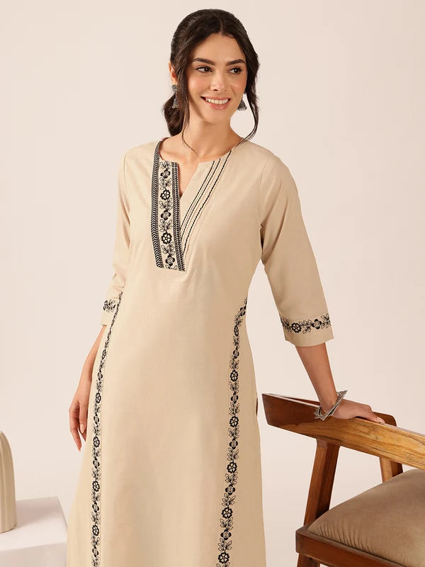 Off White Yoke Design Straight Cotton Stitched Kurta With Palazzo