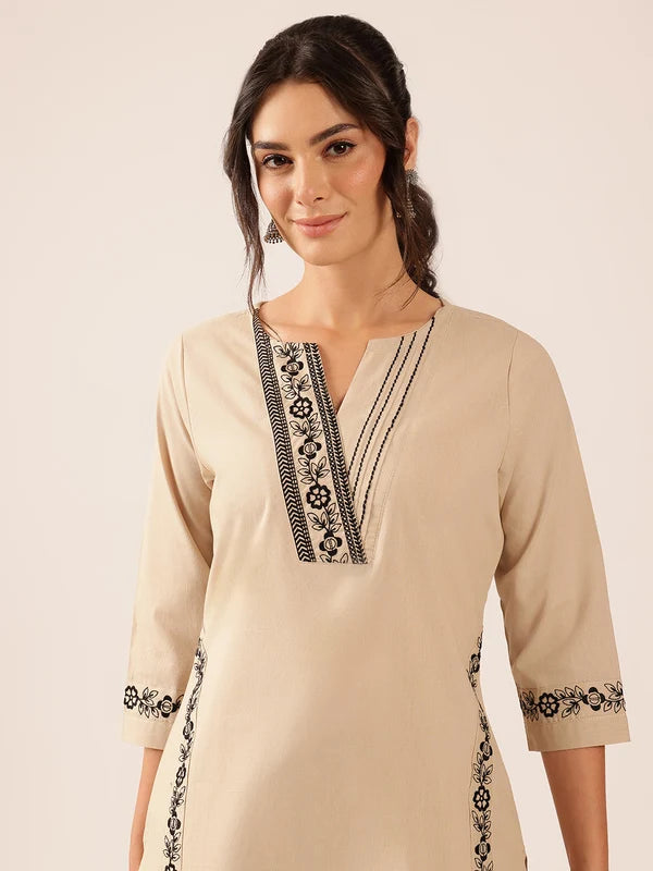 Off White Yoke Design Straight Cotton Stitched Kurta With Palazzo