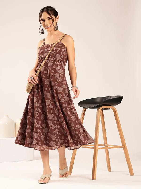 Brown Floral Flared Georgette Midi Dress