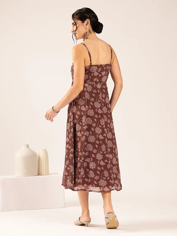 Brown Floral Flared Georgette Midi Dress