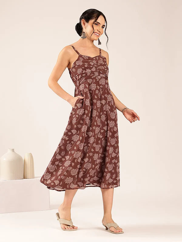 Women’s brown floral flared georgette midi dress with spaghetti straps