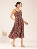 Women’s brown floral flared georgette midi dress with spaghetti straps