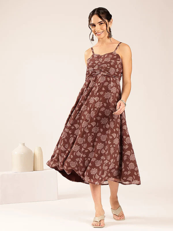 Brown Floral Flared Georgette Midi Dress