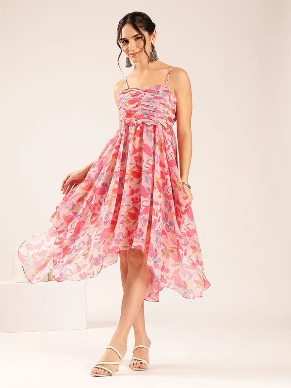 Pink Floral Up-Down Georgette Midi Dress