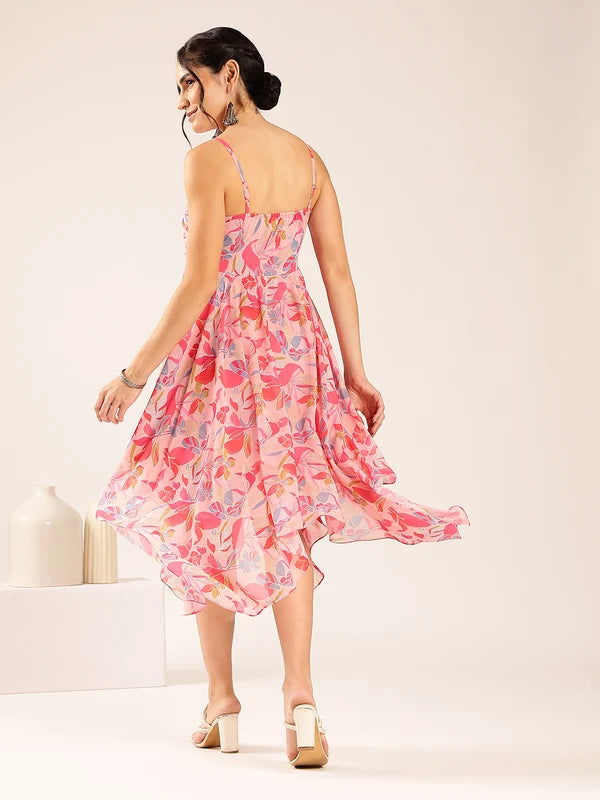 Pink Floral Up-Down Georgette Midi Dress