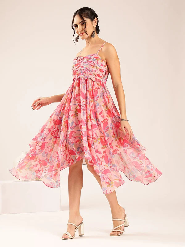 Pink Floral Up-Down Georgette Midi Dress