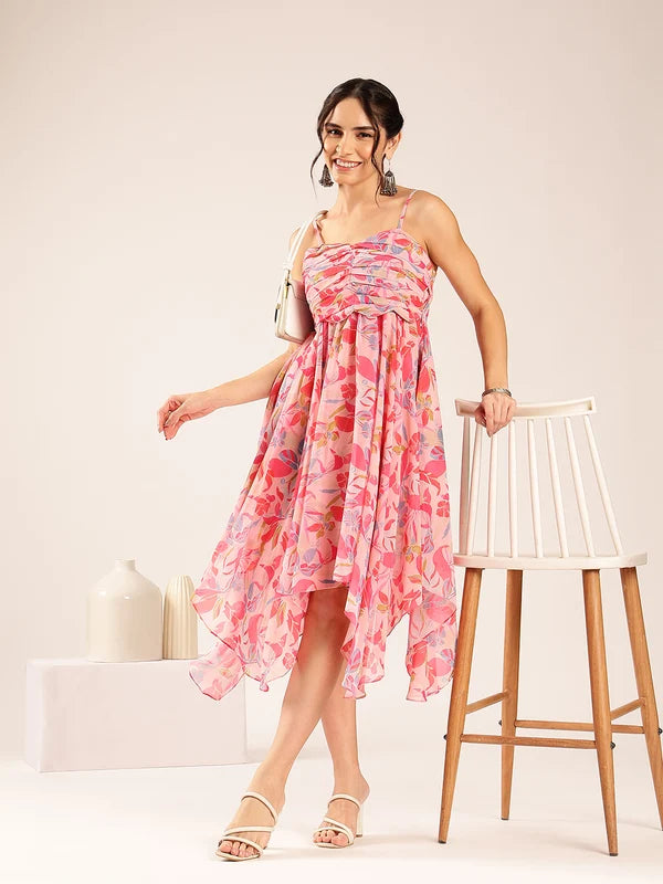 Women’s pink floral up-down georgette dress with spaghetti straps