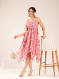 Women’s pink floral up-down georgette dress with spaghetti straps