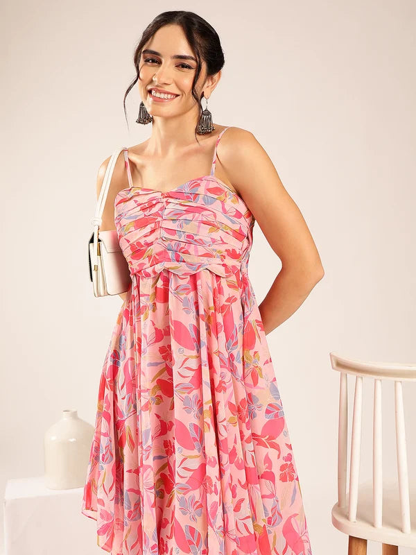 Pink Floral Up-Down Georgette Midi Dress