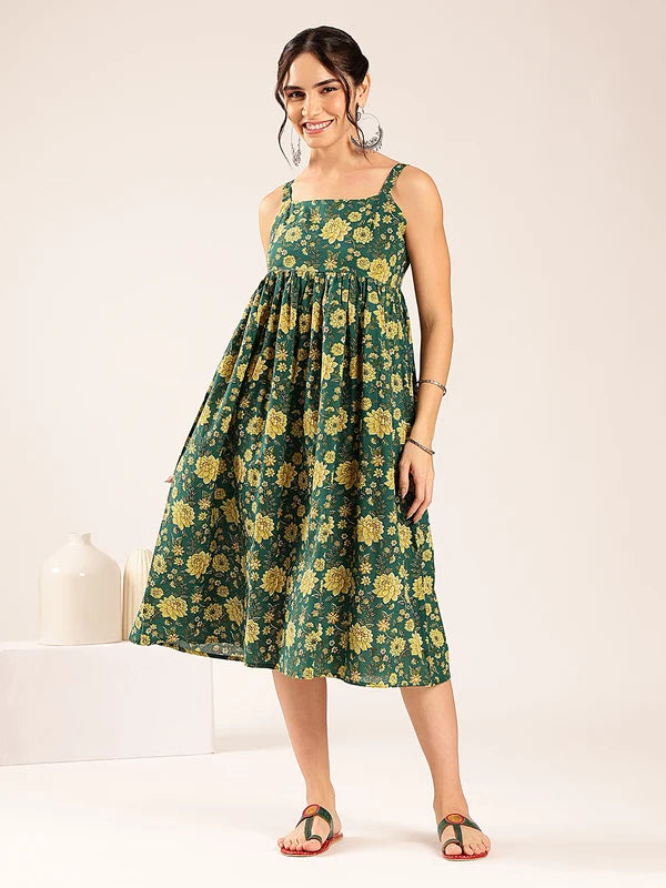 Women’s Tale Green floral flared cotton midi dress with spaghetti straps