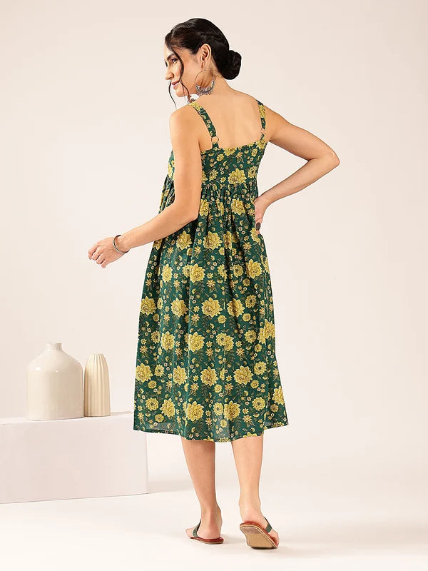 Magenta Floral Flared Cotton Midi Dress