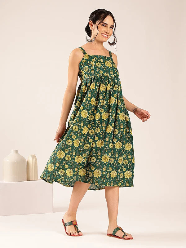 Magenta Floral Flared Cotton Midi Dress