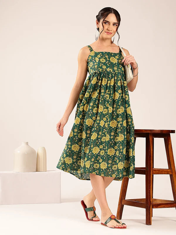 Magenta Floral Flared Cotton Midi Dress