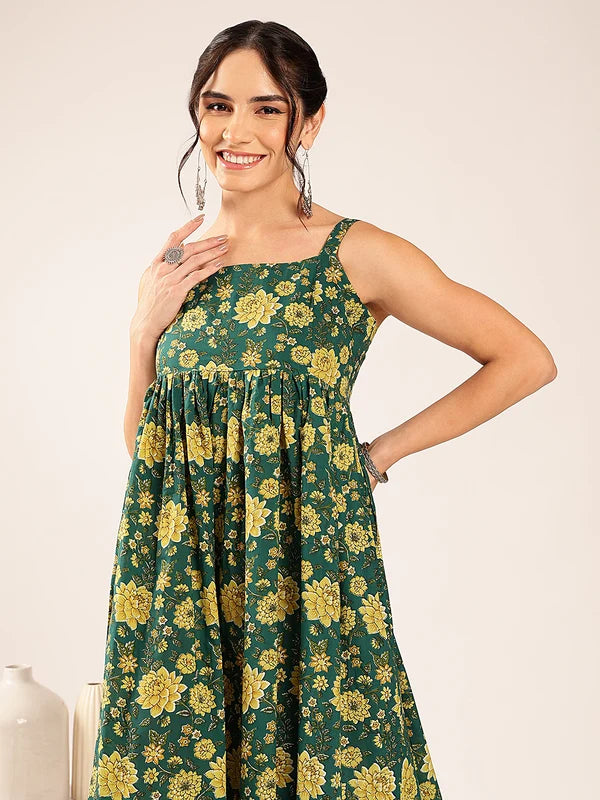 Magenta Floral Flared Cotton Midi Dress