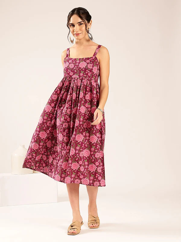 Magenta Floral Flared Cotton Midi Dress