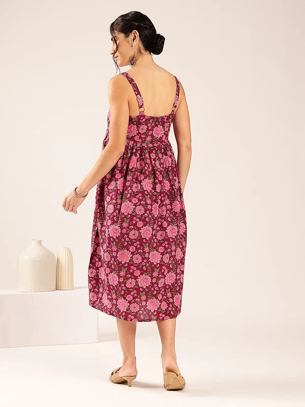 Magenta Floral Flared Cotton Midi Dress